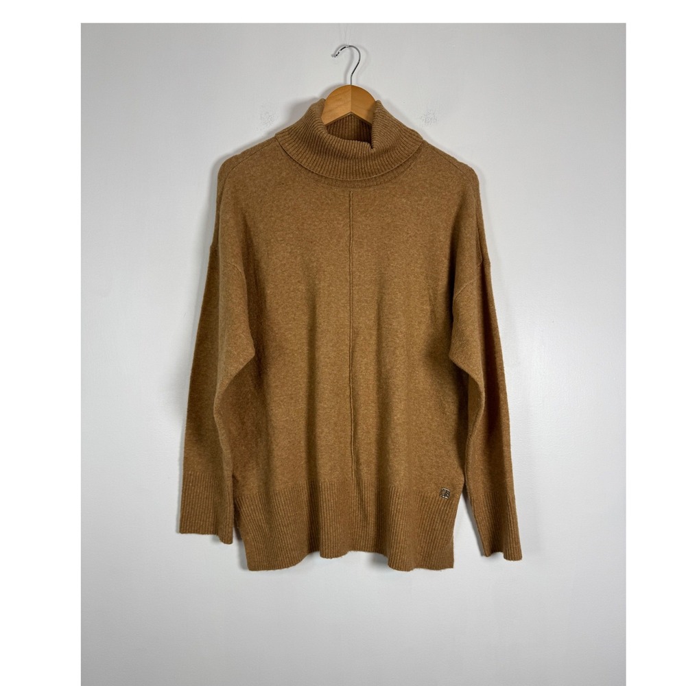 Minimalist Calvin Klein Womens L Turtleneck Sweater Camel Brown Oversized Seam